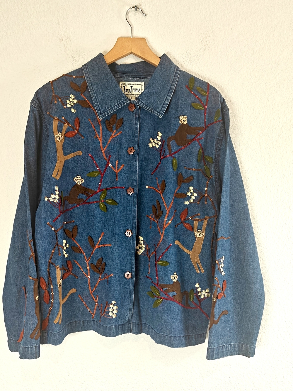 VTG 90s Tantrums Monkey Embroidered Denim Button Up Beaded Sequin Tree Cotton M